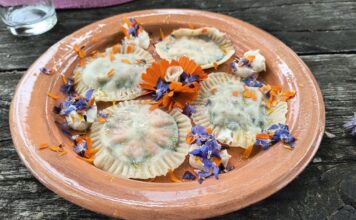 Pasta fresca con fiori ed erbe spontanee vegan